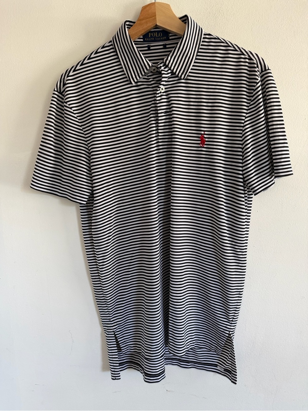 Ralph Lauren Black & White Striped Polo with Red Pony